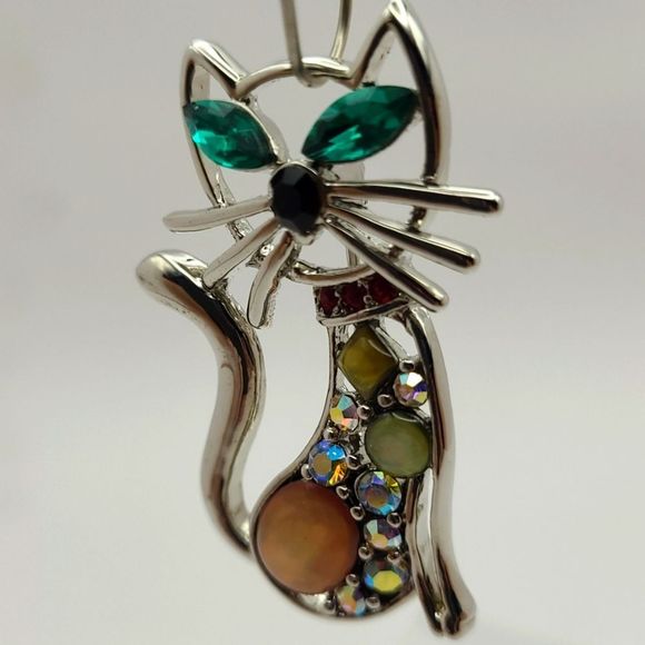 Vintage shiny multi-crystal silver tone cat brooch - Picture 5 of 6